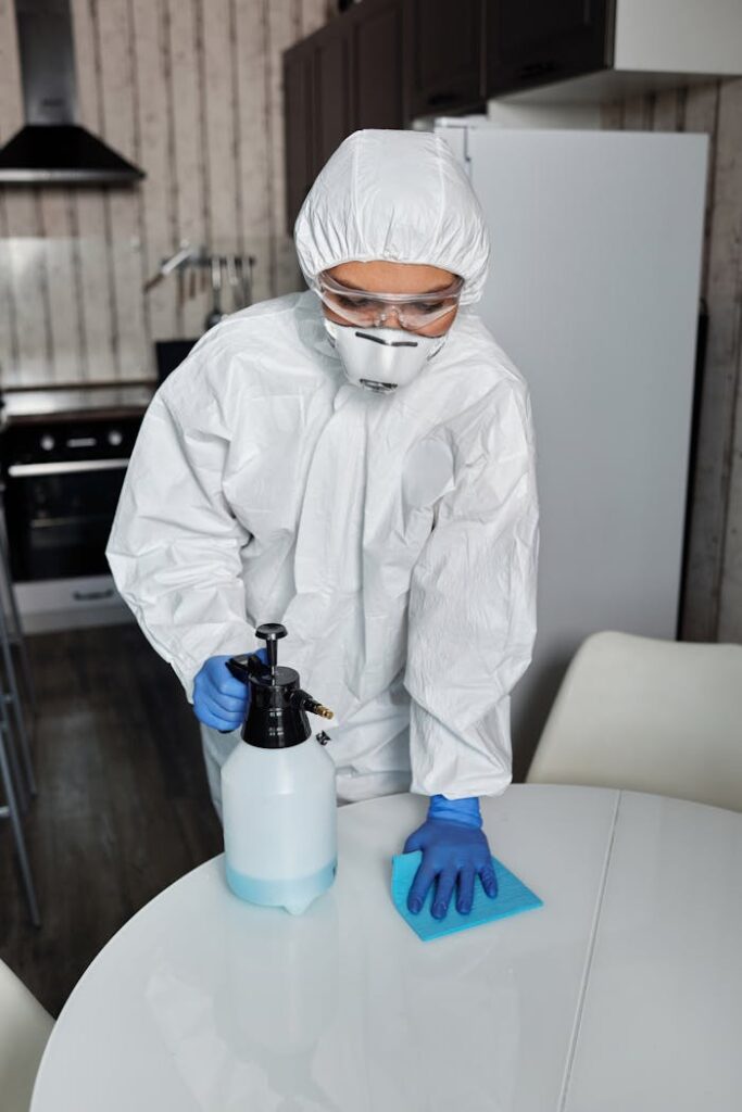 A person in full PPE disinfecting a table indoors for hygiene and safety.